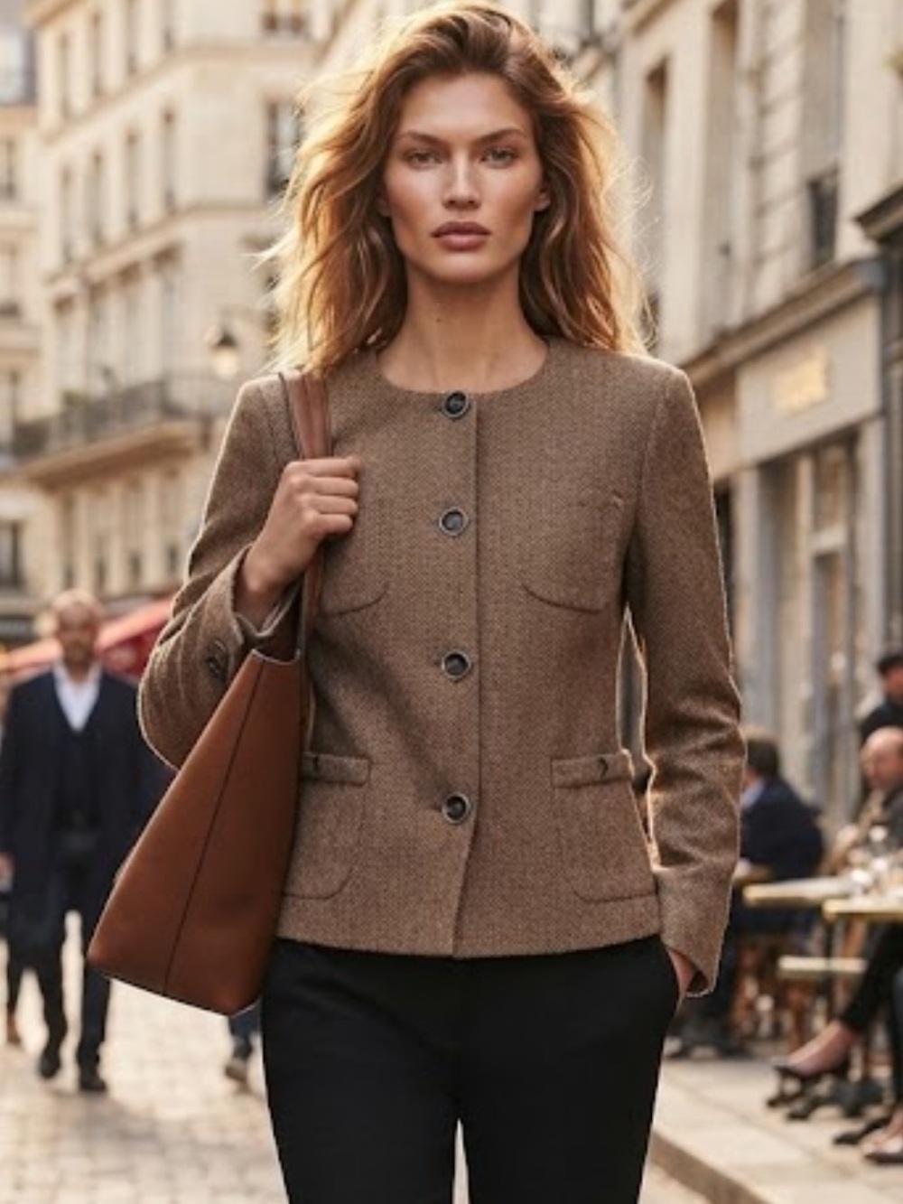 CAbi tan herringbone fleck penny blazer
